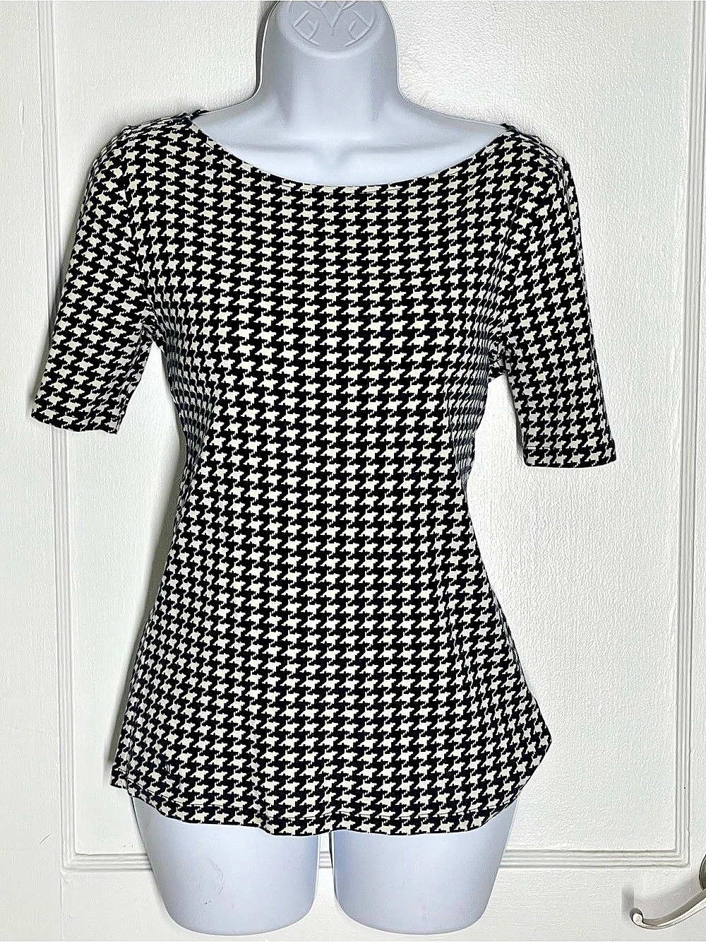 Lauren Ralph Lauren Houndstooth Short Sleeve Top in Black & White Size Medium